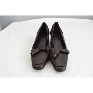 Stuart Weitzman Barclo 9 Bronze Leather Square Toe Tassel Block Heels Shoes